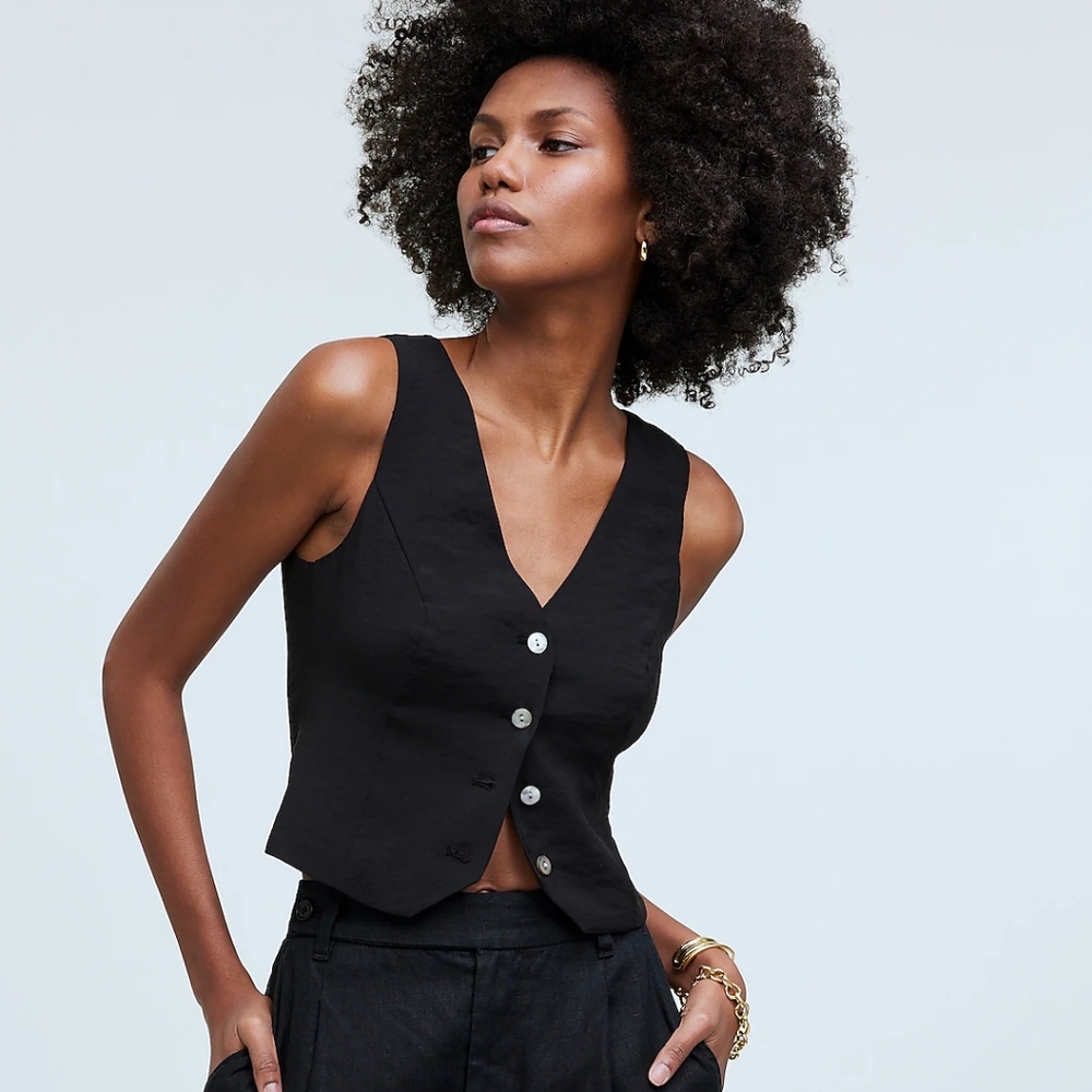 MM Madewell Womens Katrina True Black V-Neck Crop Vest Top in Softdrape NWOT 2 S